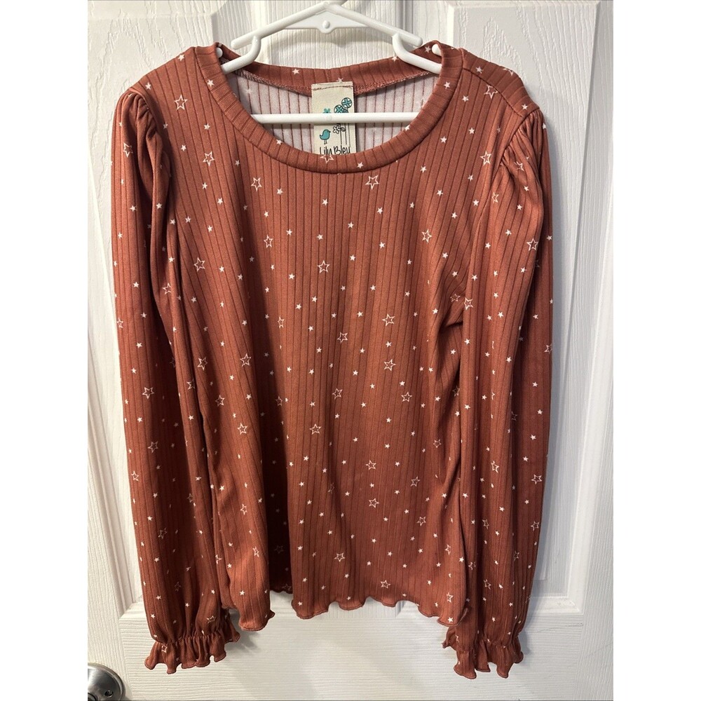 Lily Bleu Rust Orange Ribbed Star Print Long Sleeve Top Ruffle Cuff Girls M